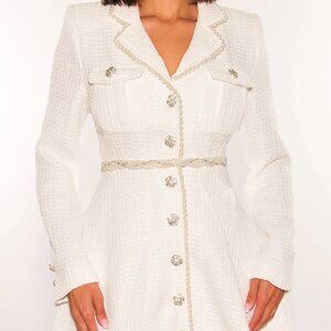 White Tweed Knitted Pearl Holiday Dress